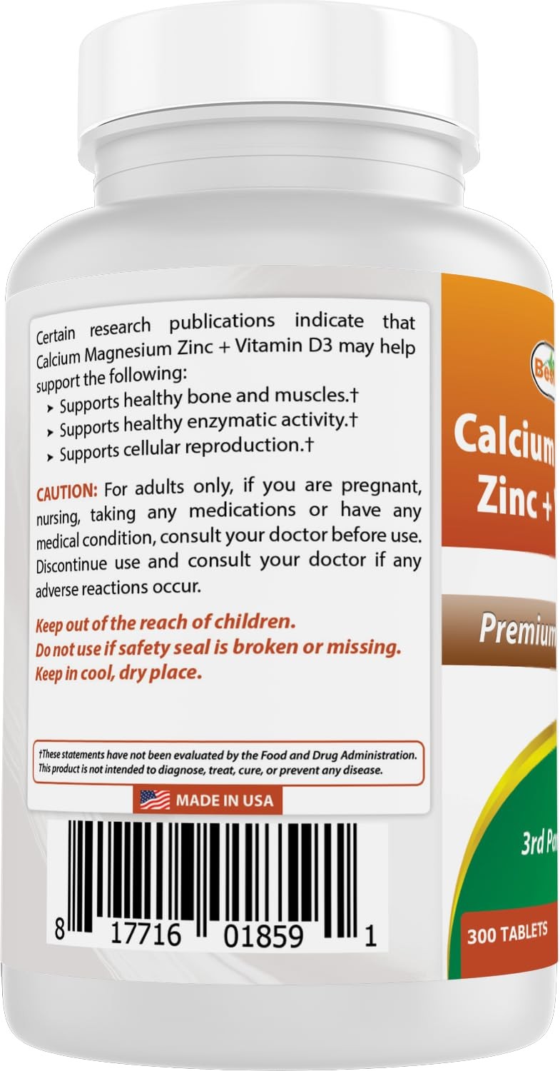 Best Naturals Calcium Magnesium Zinc Vitamin D3 300 Tablets – Calcium 1000 Mg