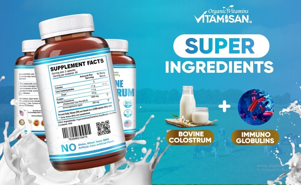 Bovine Colostrum Supplement – 30% IgG Lactoferrin, Immune Support (2 Pack) 240 c