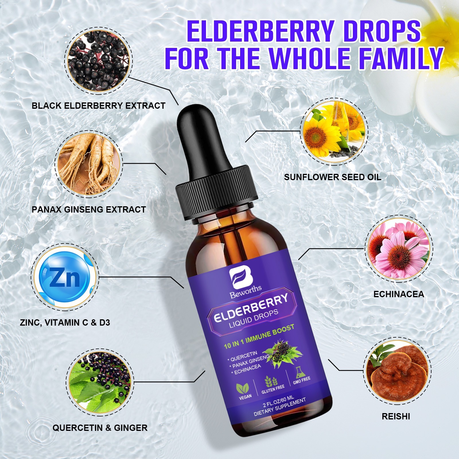 1/3X Black Elderberry Liquid Extract Drops with Vitamins C & D3 and Zinc 60ML