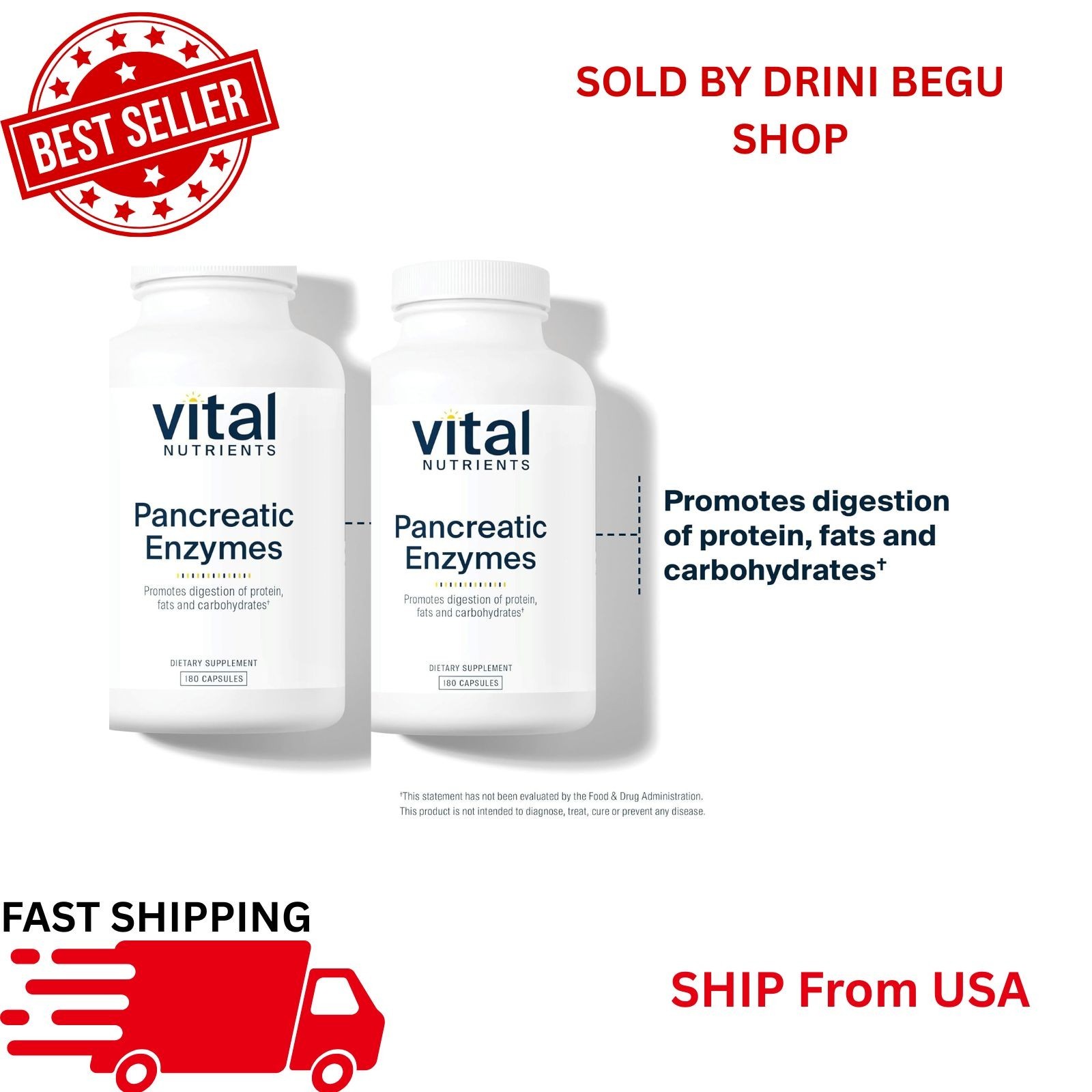 Vital Nutrients Pancreatic Enzymes 180 Capsules Digestive Support – Pack of 2