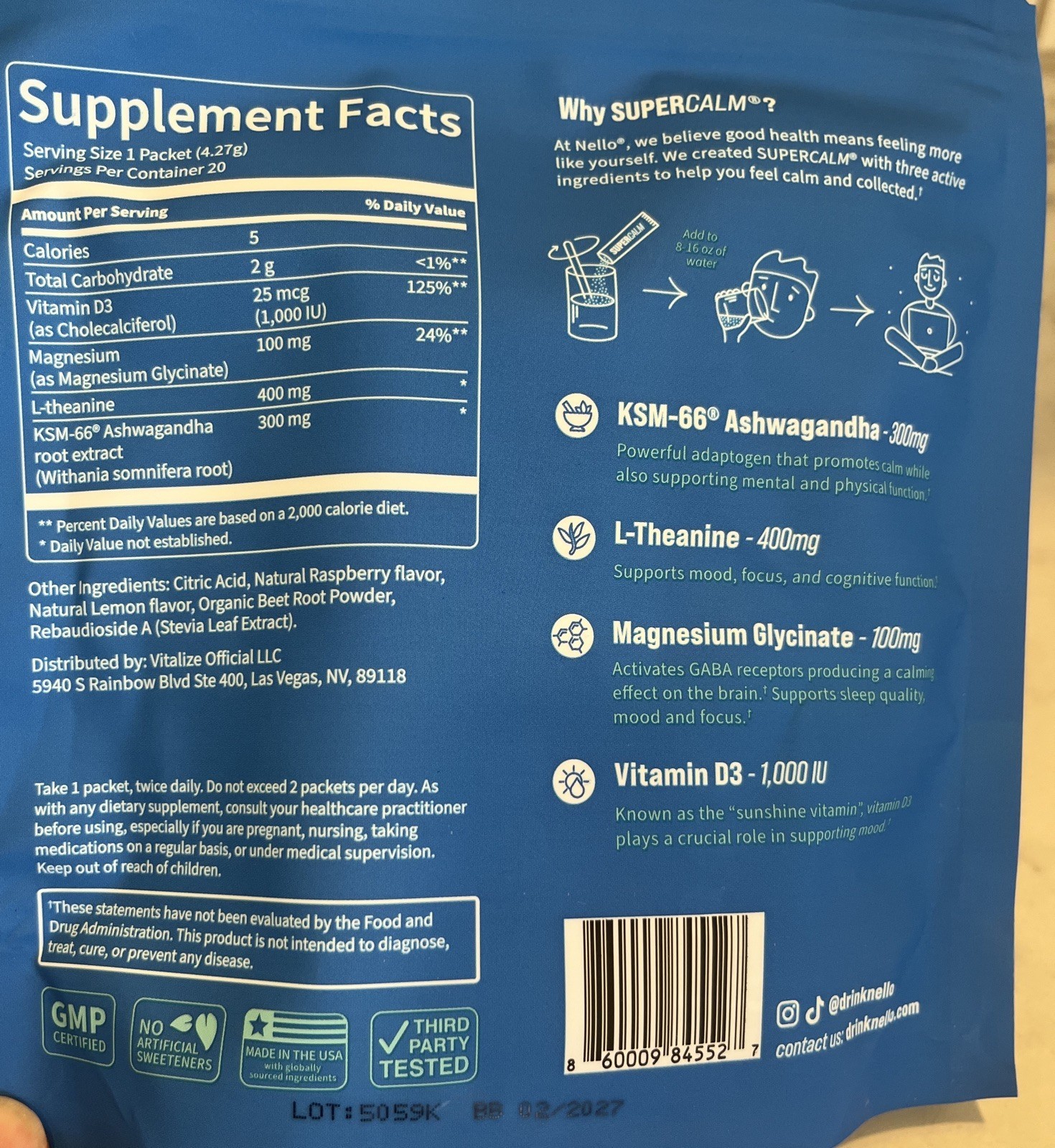 2X Nello Supercalm Powdered Calming Drink Mix Raspberry Lemonade 20 ct Exp 2/27