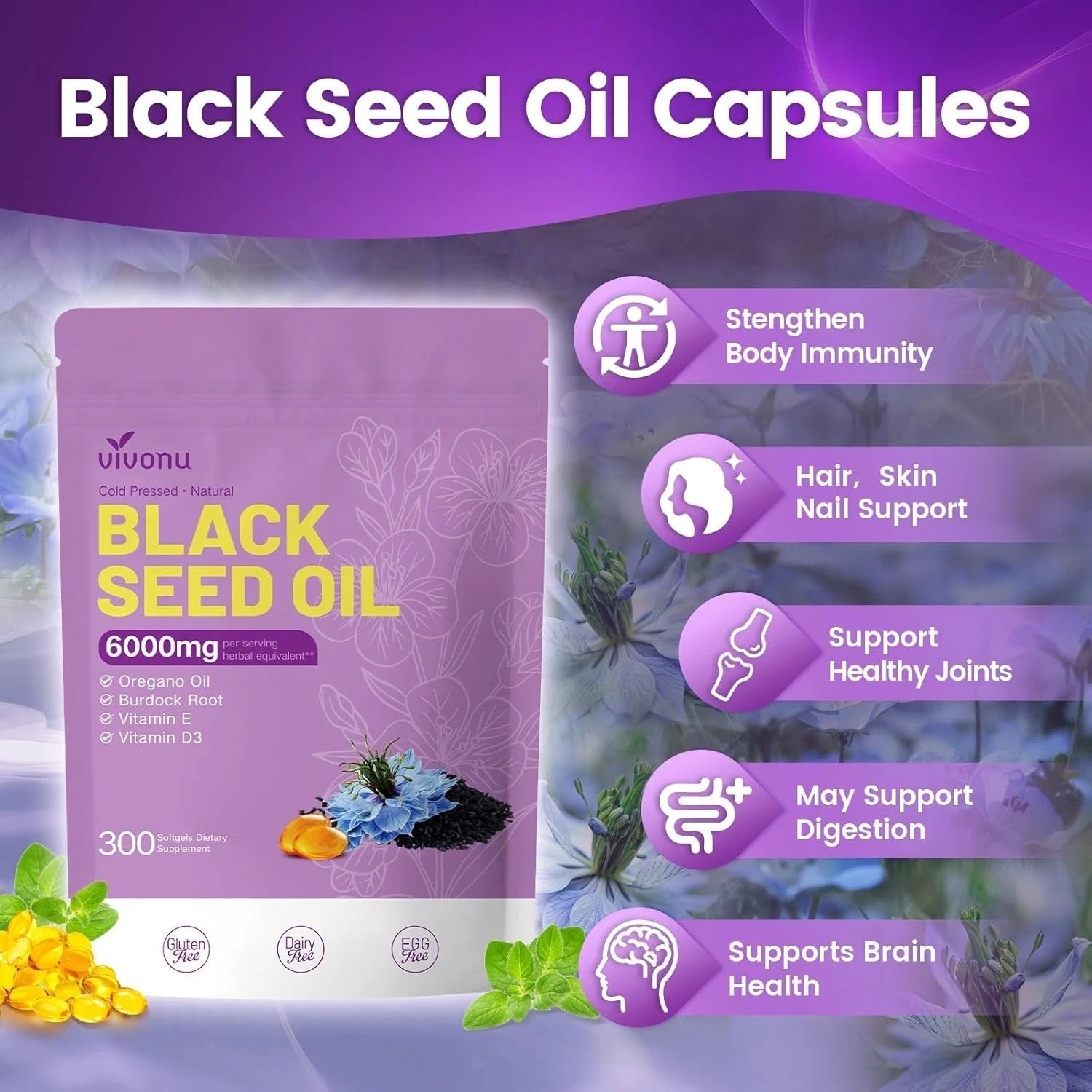 2 Pack Black Seed Oil Capsules,6000mg,300 Count Oil of Oregano,Burdock Root,E&D