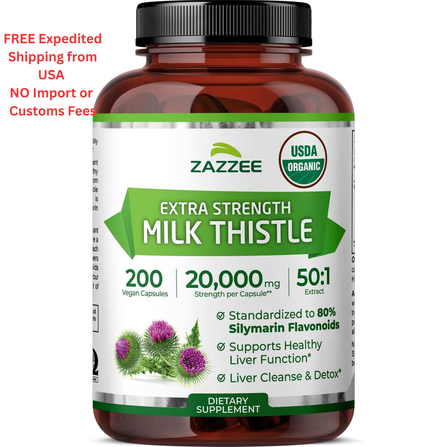 Zazzee USDA Organic Milk Thistle 50:1 Extract, 80% 200 Count (Pack of 1)