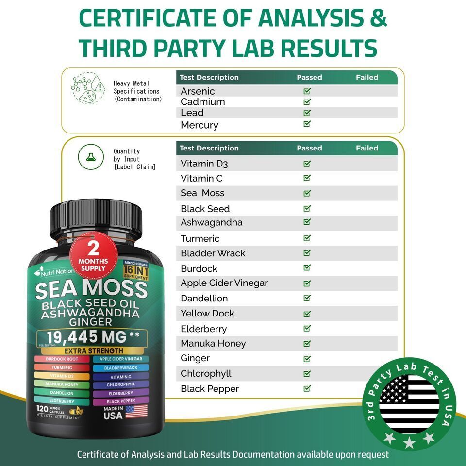 Sea Moss, Black Seed Oil, Ashwagandha, Turmeric, Ginger (16 in 1) 120 Capsules