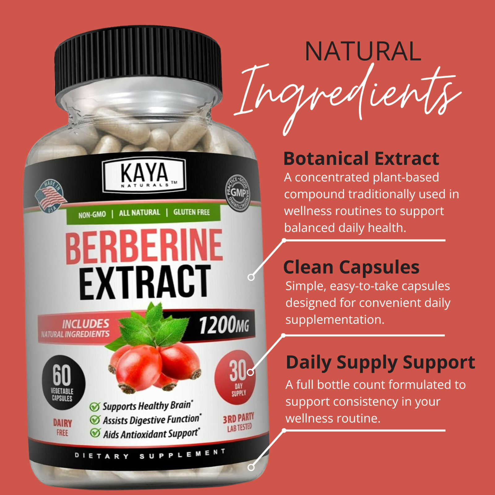 Premium Berberine HCL Extract 1200mg, Healthy Cholesterol, Anti-inflammatory