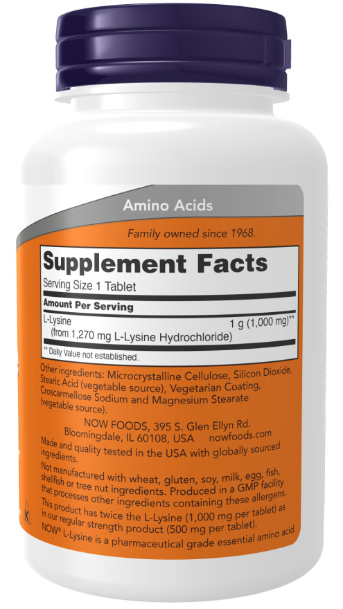 NOW Foods L-Lysine Double Strength 1000mg Tablets – 100 Count