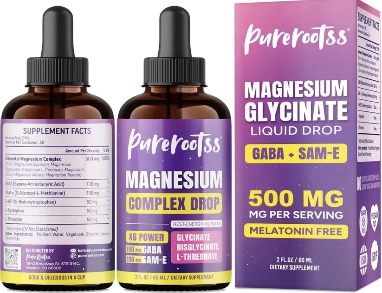 Pure Rootss Magnesium Glycinate Liquid Drops Gaba/Sam-E Melatonin Free 2 Pack