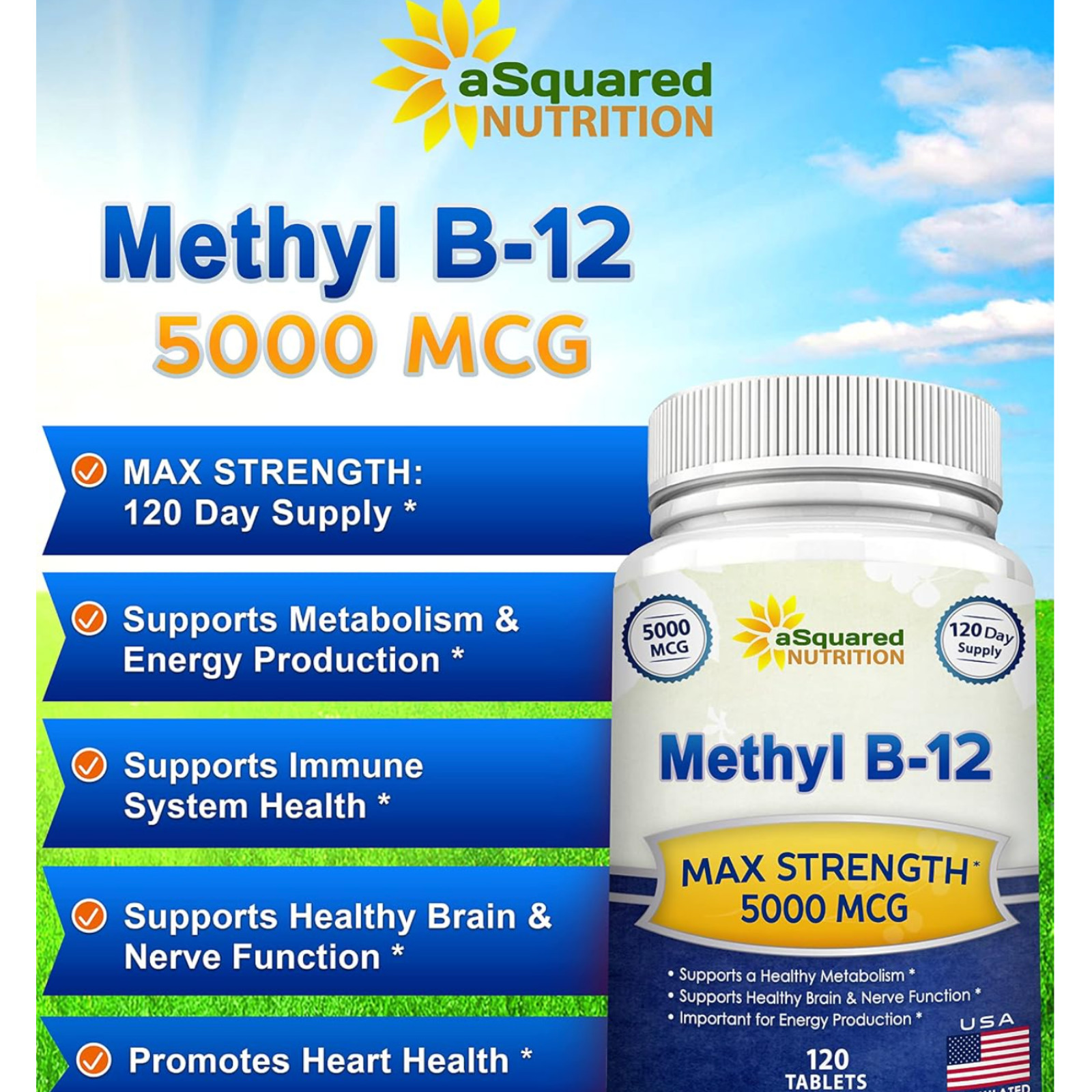 Vitamina B12 5000 MCG | Aumenta la energía, apoya la función cerebral y cardíaca