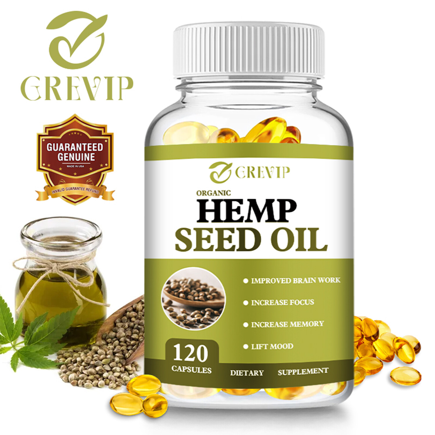 120pcs Hemp Seed Oil – Vitamin A, Omega 3 – for Calm,Sleep,Stress,Anxiety,Pain