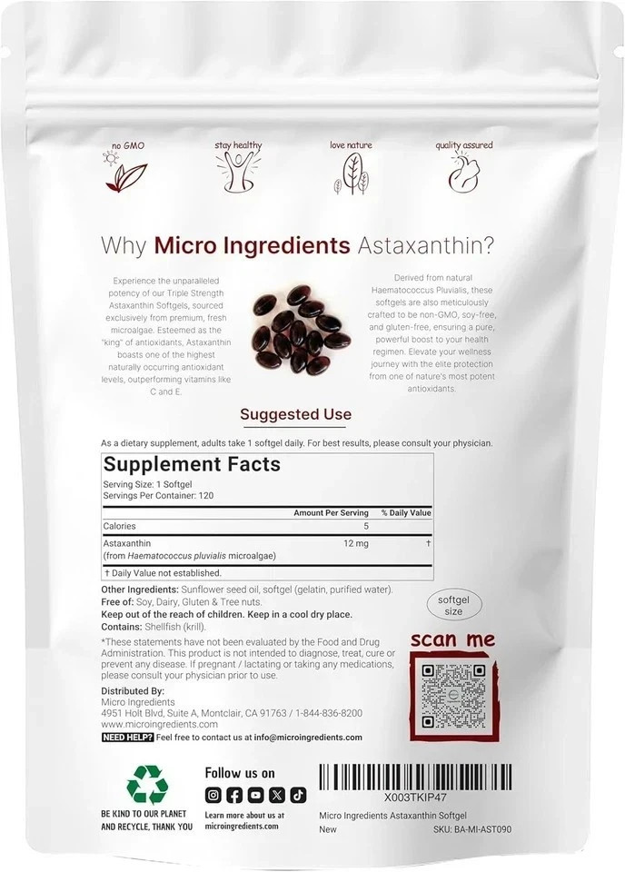 Astaxanthin 12mg, 120 Softgels | Supports Eye & Joint Health Supplement