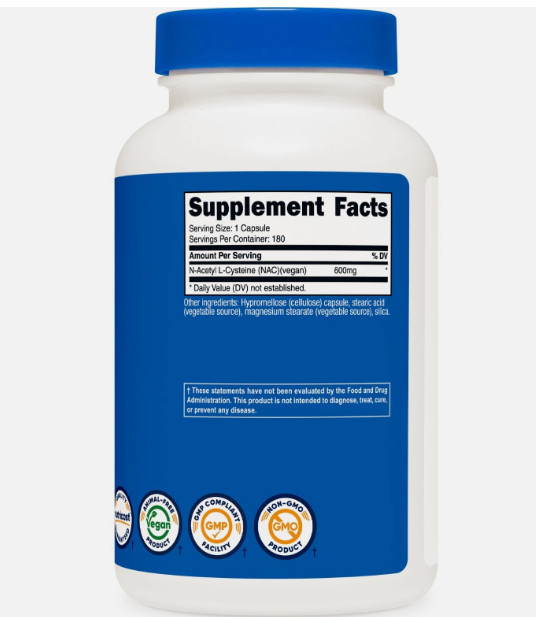 Nutricost N-Acetyl L-Cysteine (NAC) 600mg, 180 Capsules – Non-GMO & Gluten Free