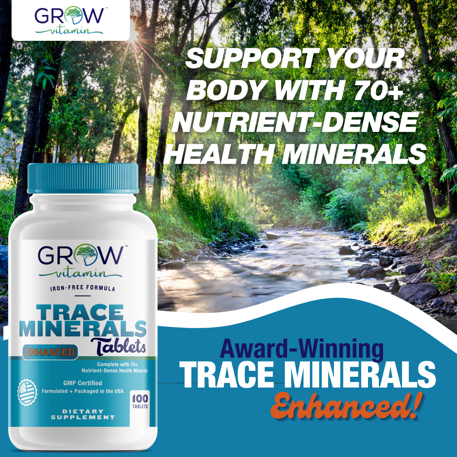 Multi Mineral Supplement | 100 TABLETS | Iron Free | Non-GMO | by GROW VITAMIN