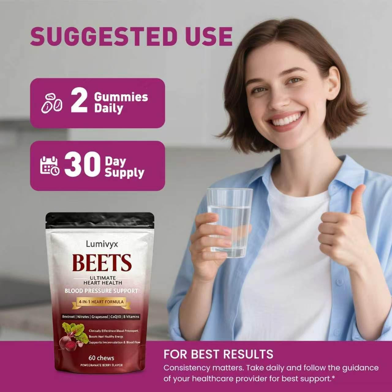 Beetroot Chews 500mg CoQ10 100mg Grape Seed Extract 150mg 3-in-1 60 Count