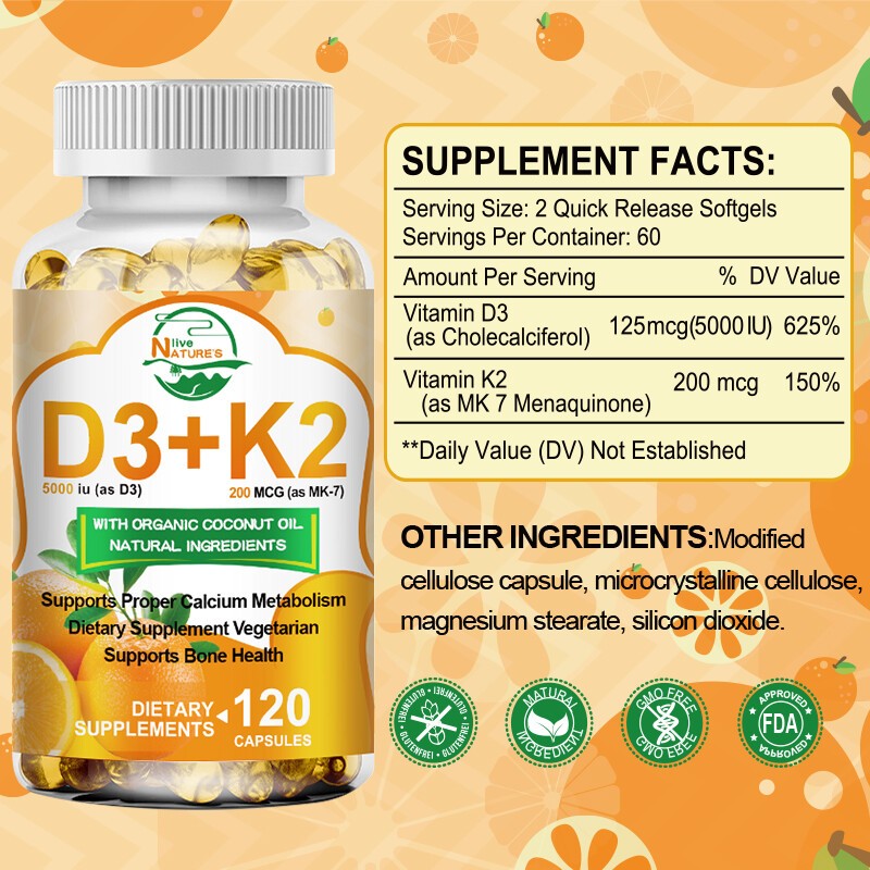 Vitamin D3 K2 Capsules for Bone Strength & Cardiovascular Health 1/2/4 Bottles