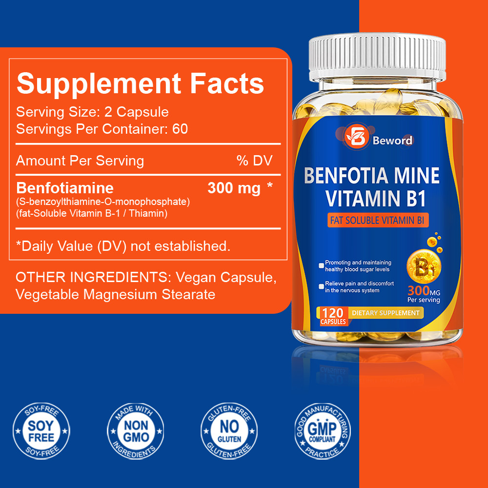 300mg Benfotiamine Capsules Fat Soluble Thiamine Vitamin B1 NON-GMO,Gluten Free