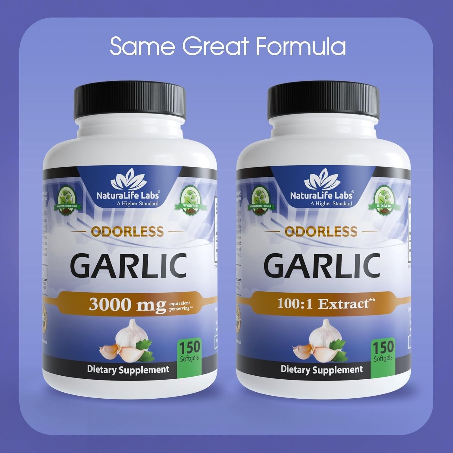 Pure Odorless Garlic with Organic Olive Oil – 150 Softgels, Gluten-Free Formula