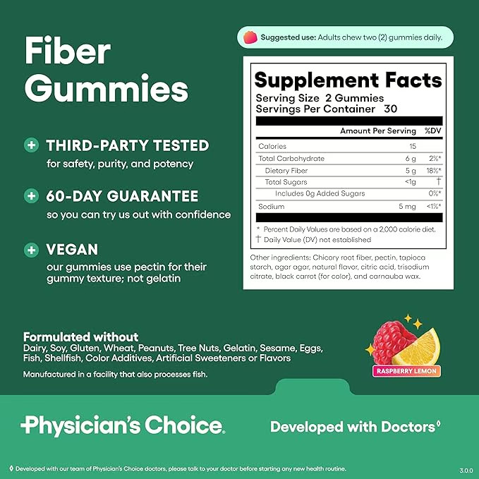 Physician’S Choice Fiber Gummies for Digestive Health & Regularity – Raspberry L
