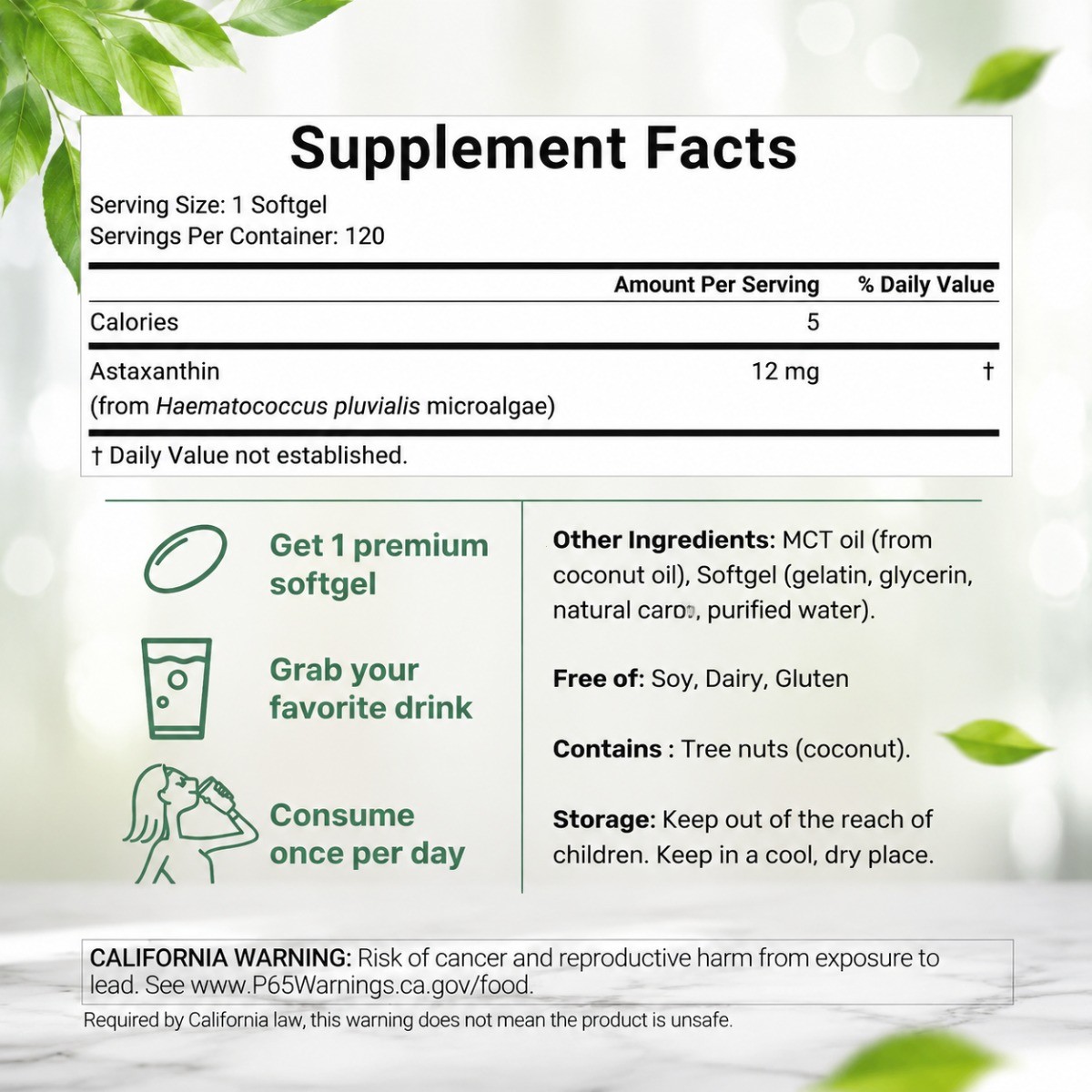 Micro Ingredients Astaxanthin 12mg, 120 Softgels, Natural Antioxidant