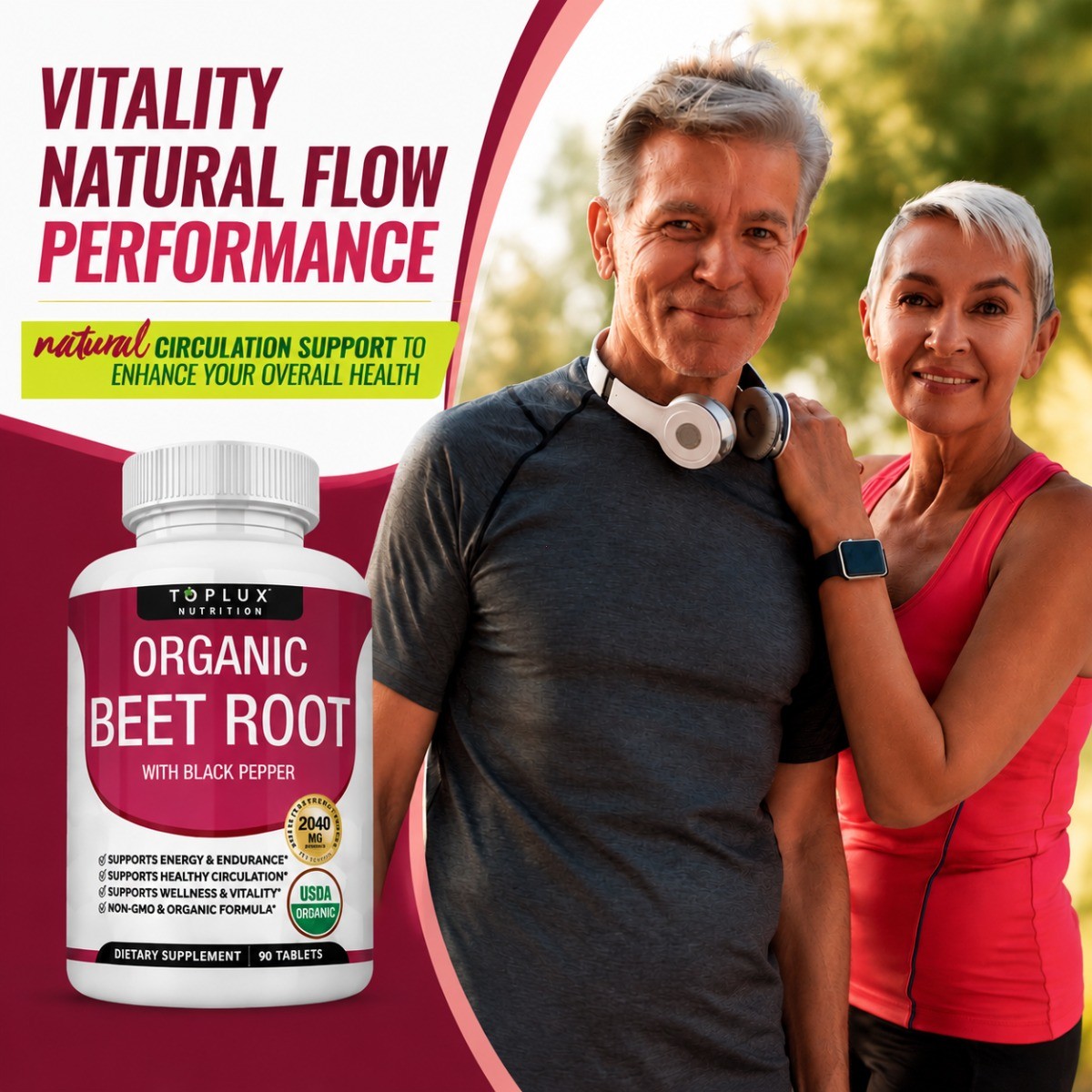 Toplux Organic Beet Root 2040mg Tablets, Nitric Oxide & Circulation Support