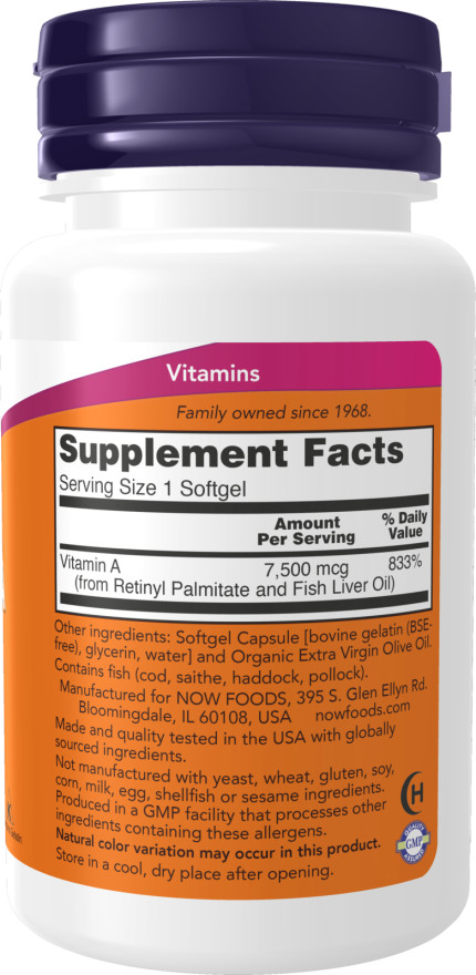 NOW Foods Vitamin A 25,000 IU 250 Softgels Eye & Immune Health 08/2026EXP