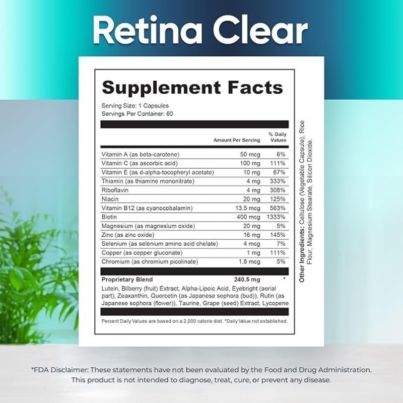 Retina Clear Vision Support Supplement Eye Health Formula with Lutein Zeaxant US
