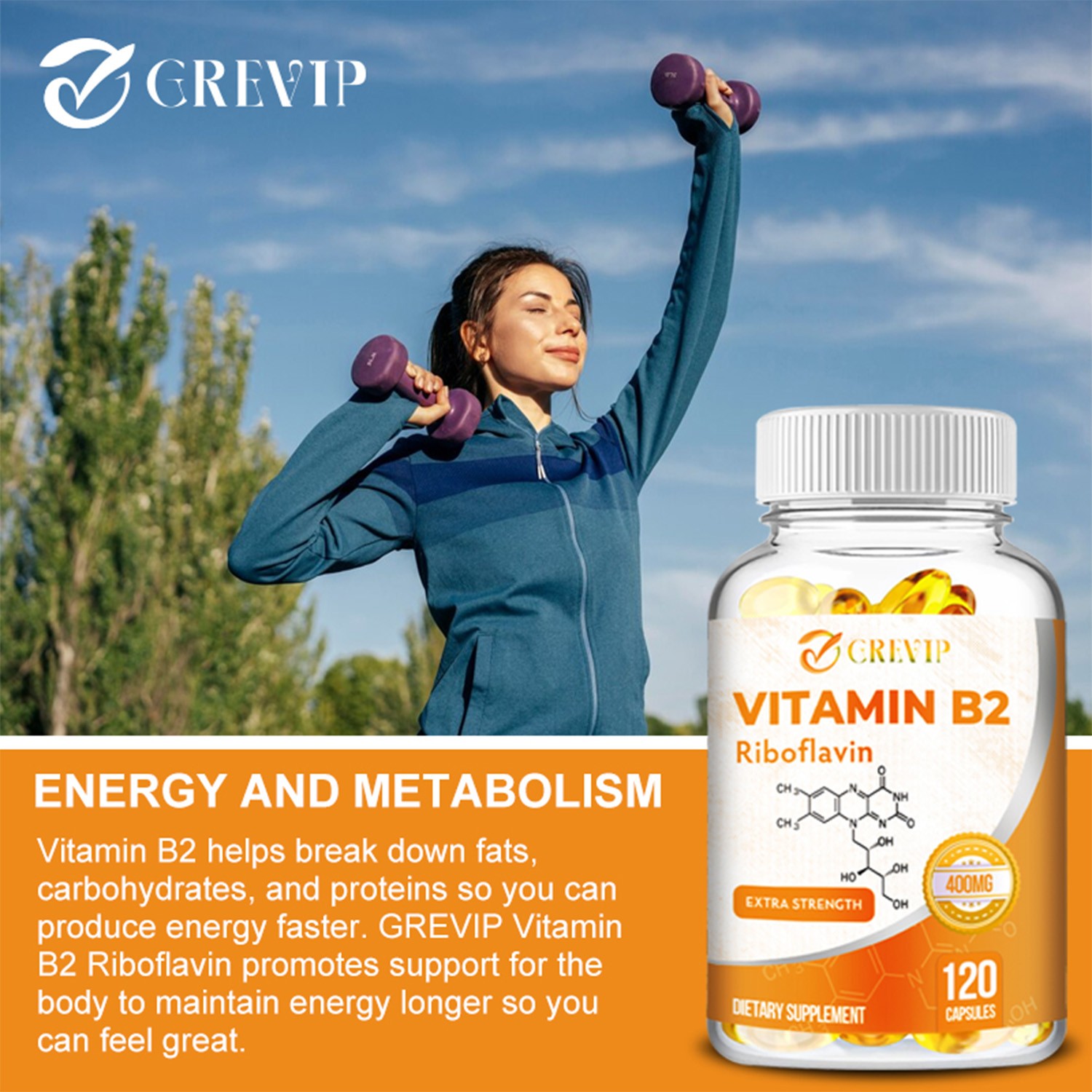 GREVIP Vitamin B2 400mg – High Strength Energy, Metabolism & Nerve Support