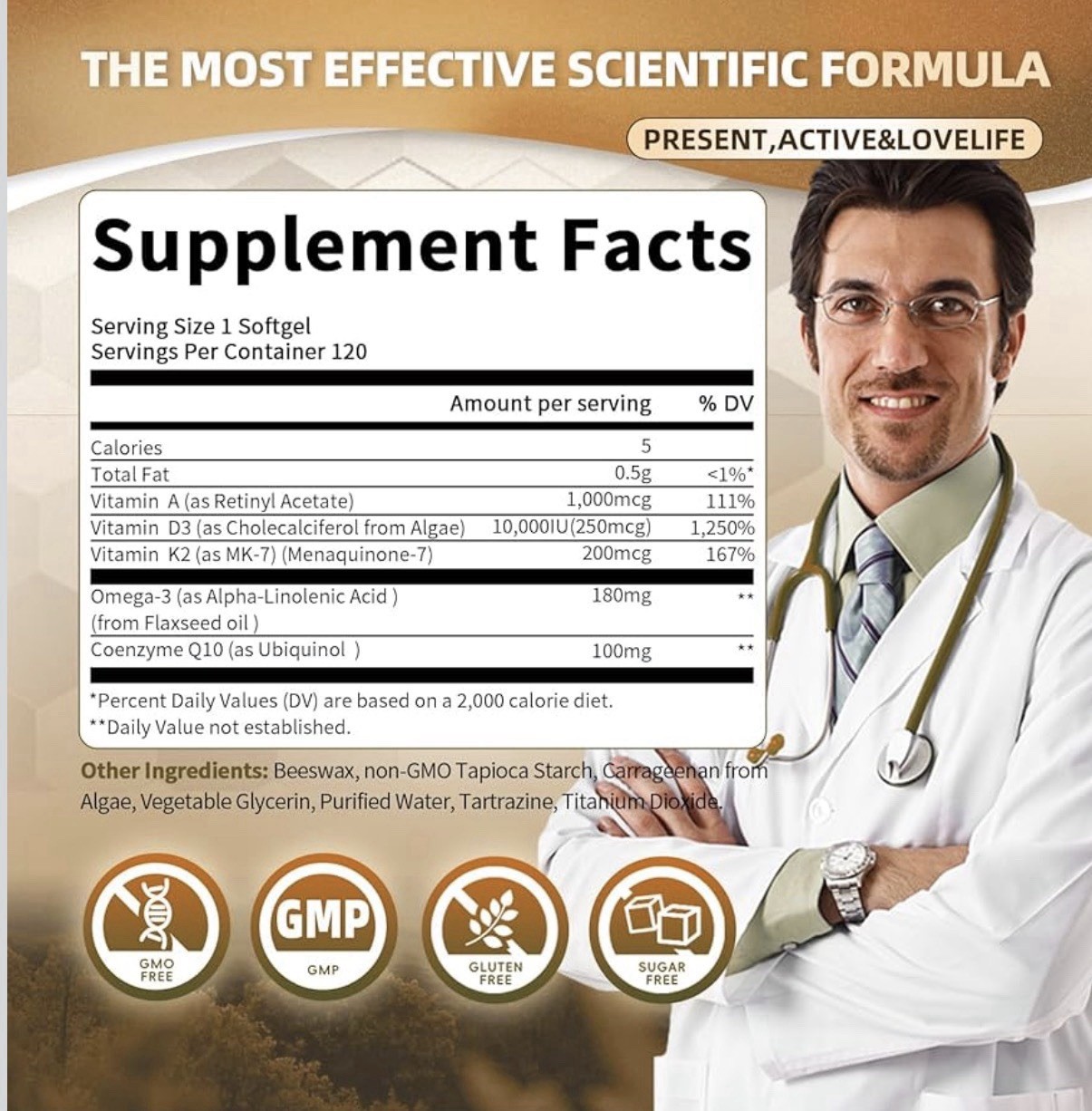 Vitamin D3 K2 Softgel 5-in-1 1000iu, 200 Mcg, Omega-3, CoQ10 – 120 Softgels