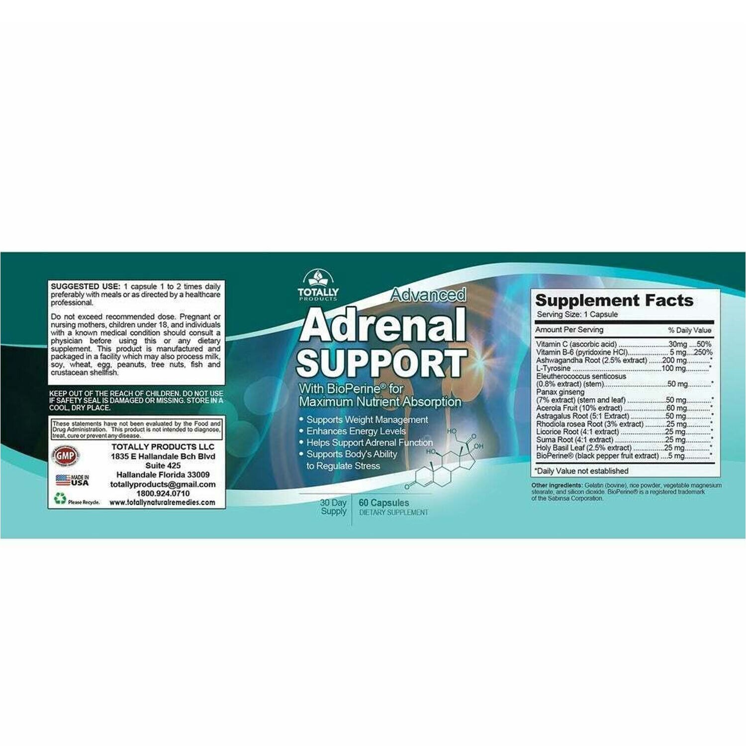 Adrenal Support Energy Dietary Supplement Apple Cider Vinegar Weight Management