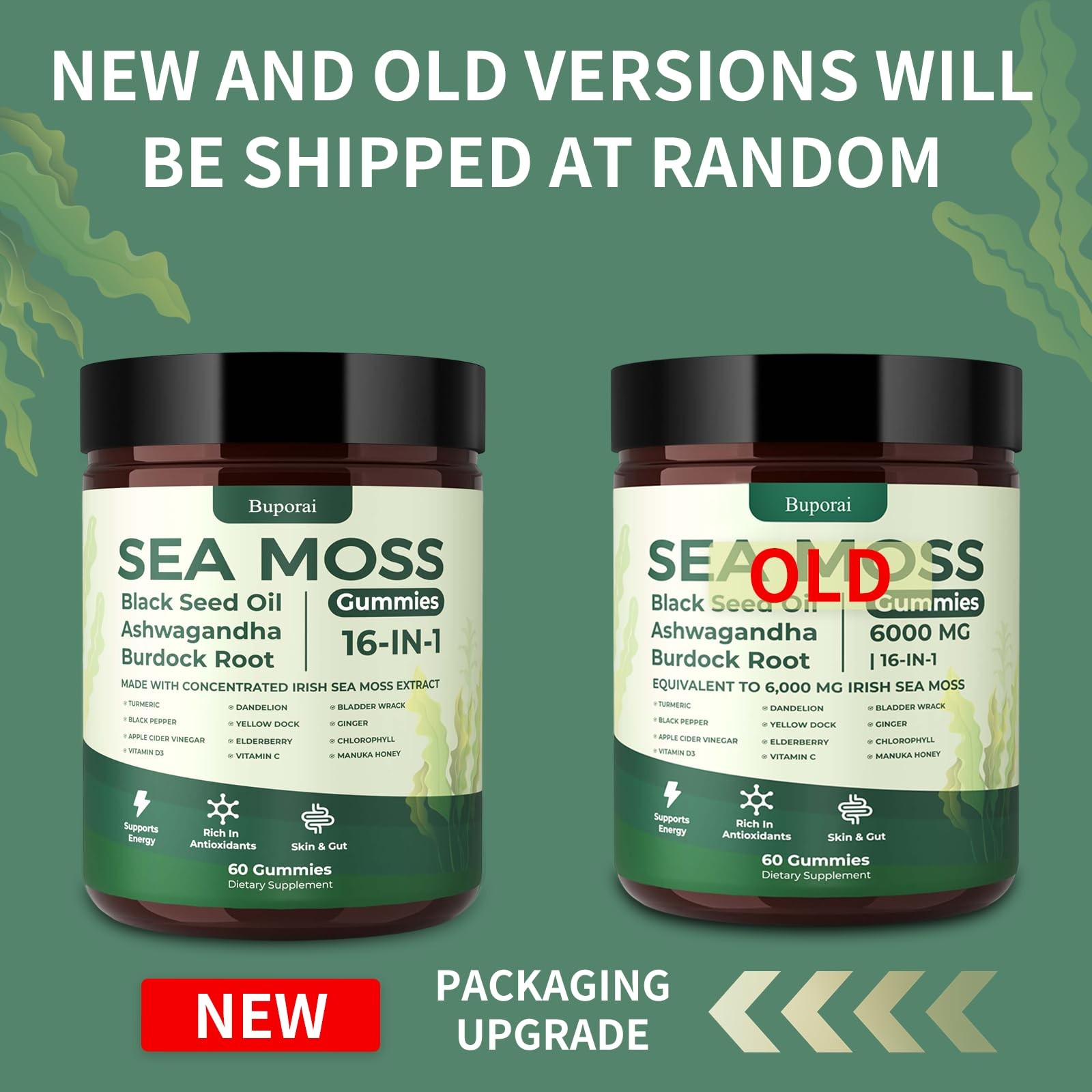 Buporai Sea Moss Gummies 16-1, Black Seed Oil Ashwagandha Turmeric Bladder Wrac