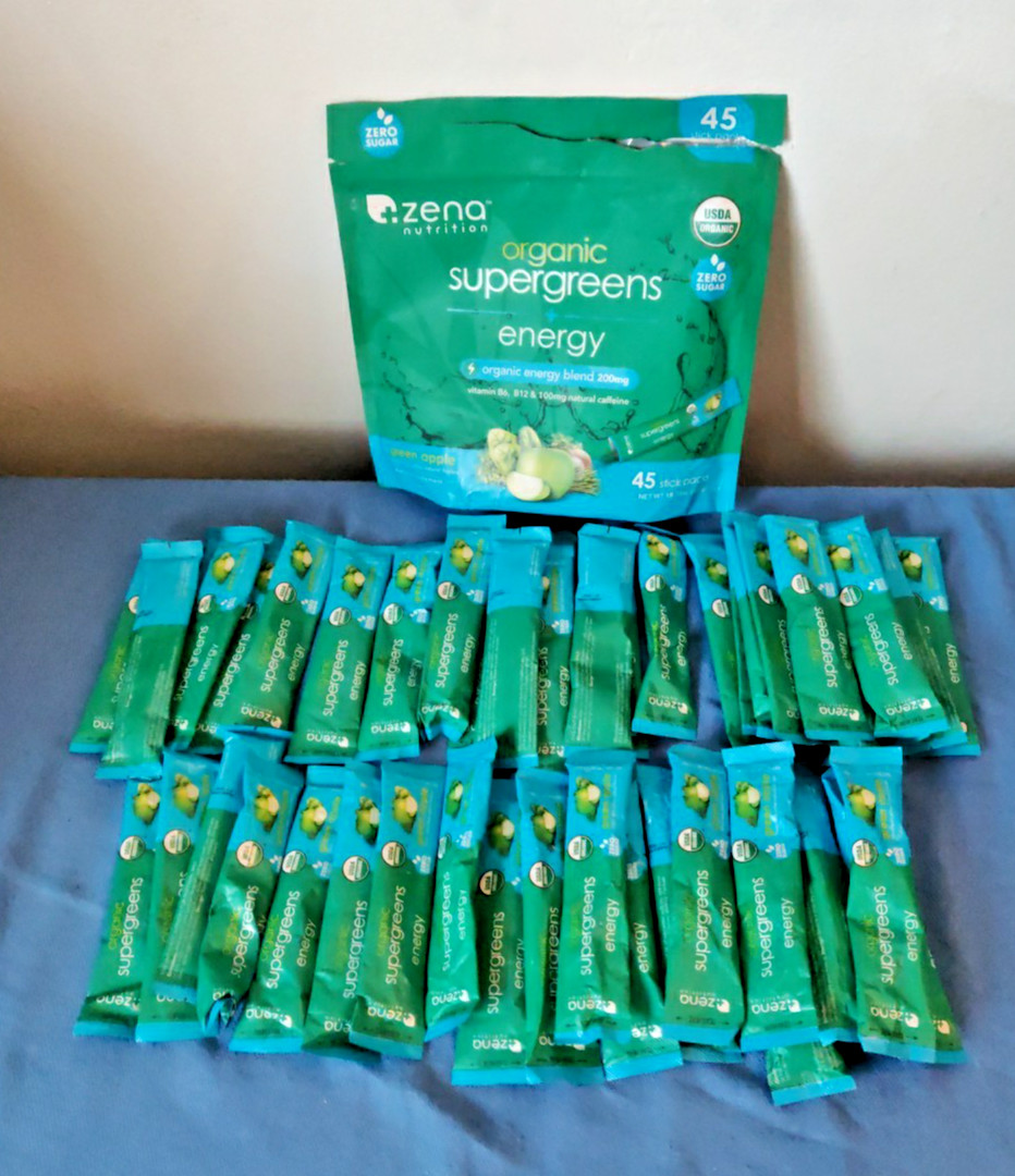 Zena Organic Supergreens Plus Energy Apple 45 Stick Exp: 7/2027 – Open Bag
