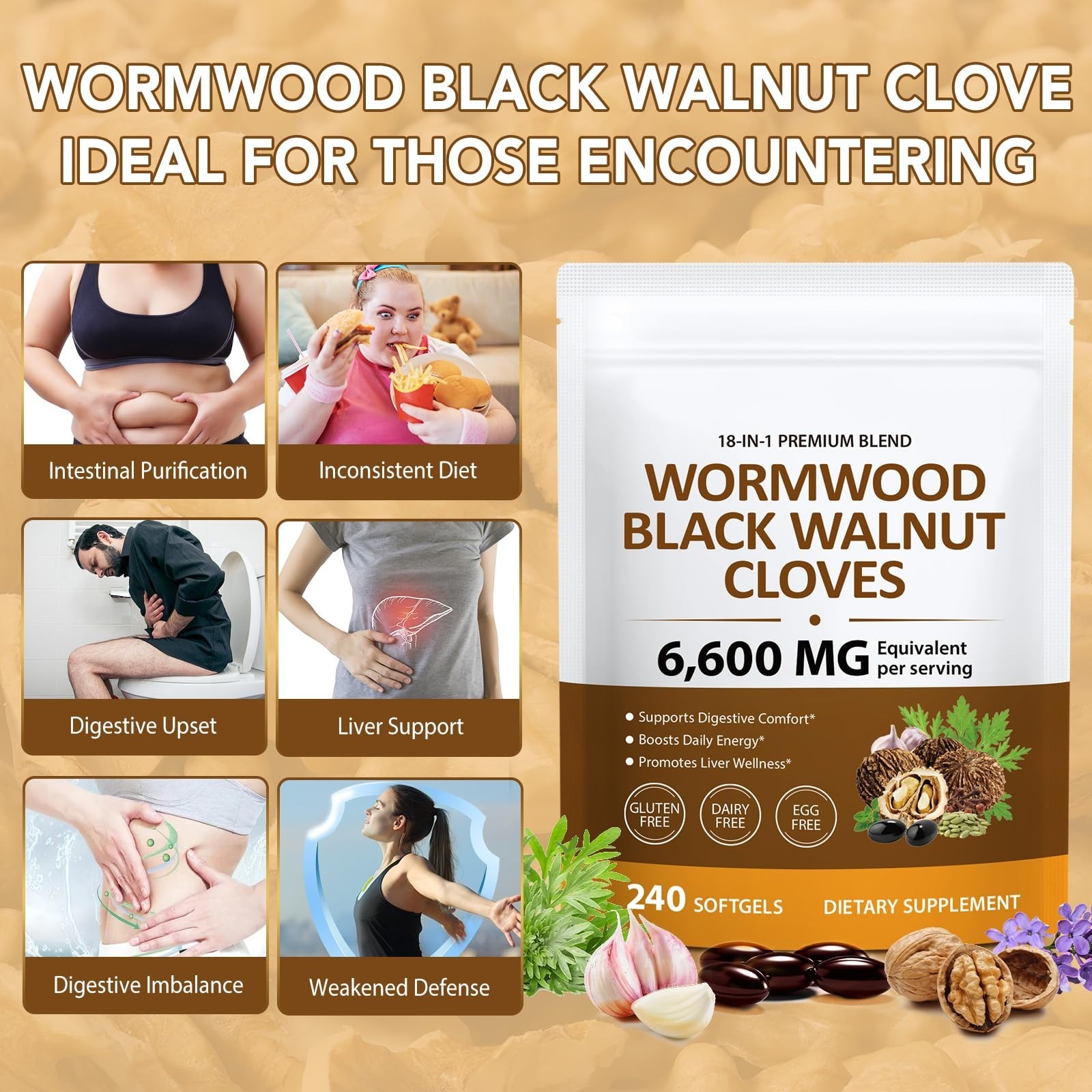18-in-1 Gut Cleanse Softgels – Black Walnut, Wormwood, Clove & Garlic – 240 Coun