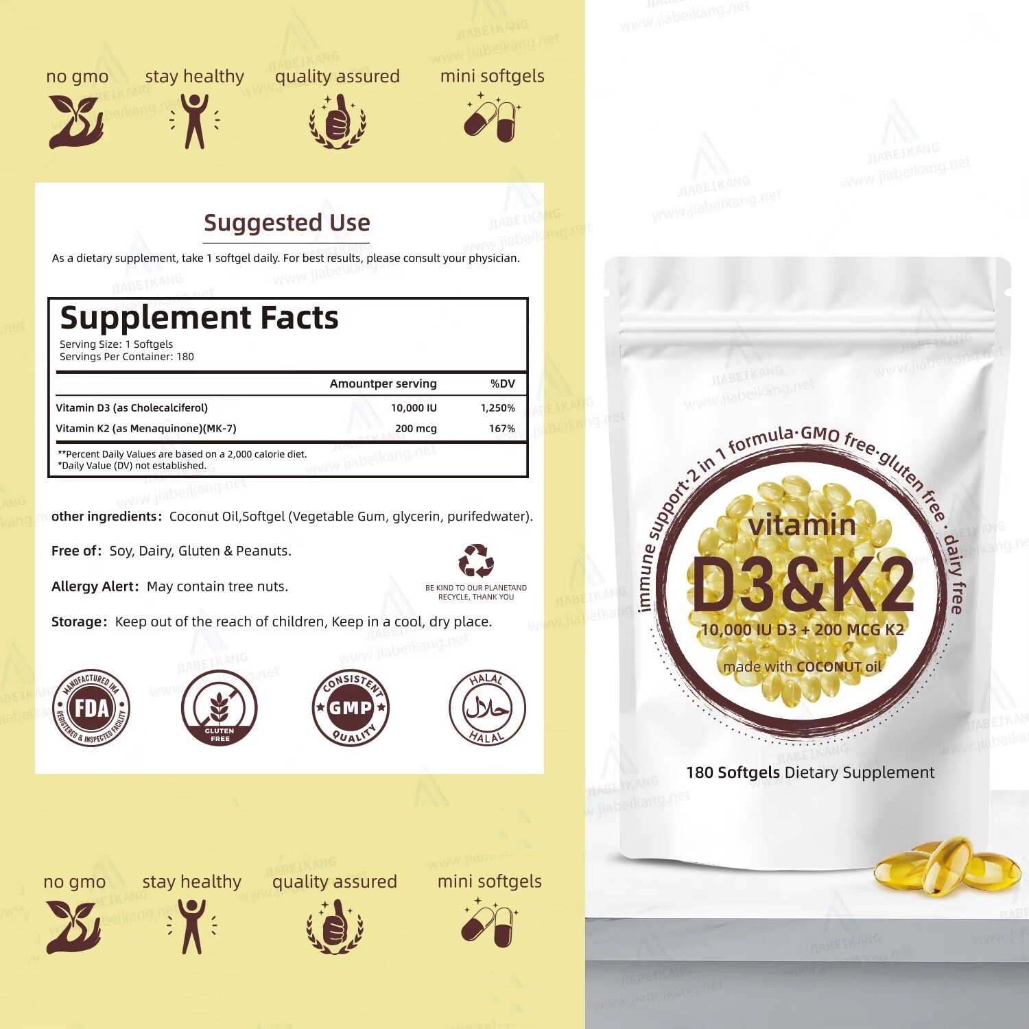 Vitamin D3 10000 iu Plus K2 (MK-7) 200 mcg, 180 Virgin Coconut Oil Softgels