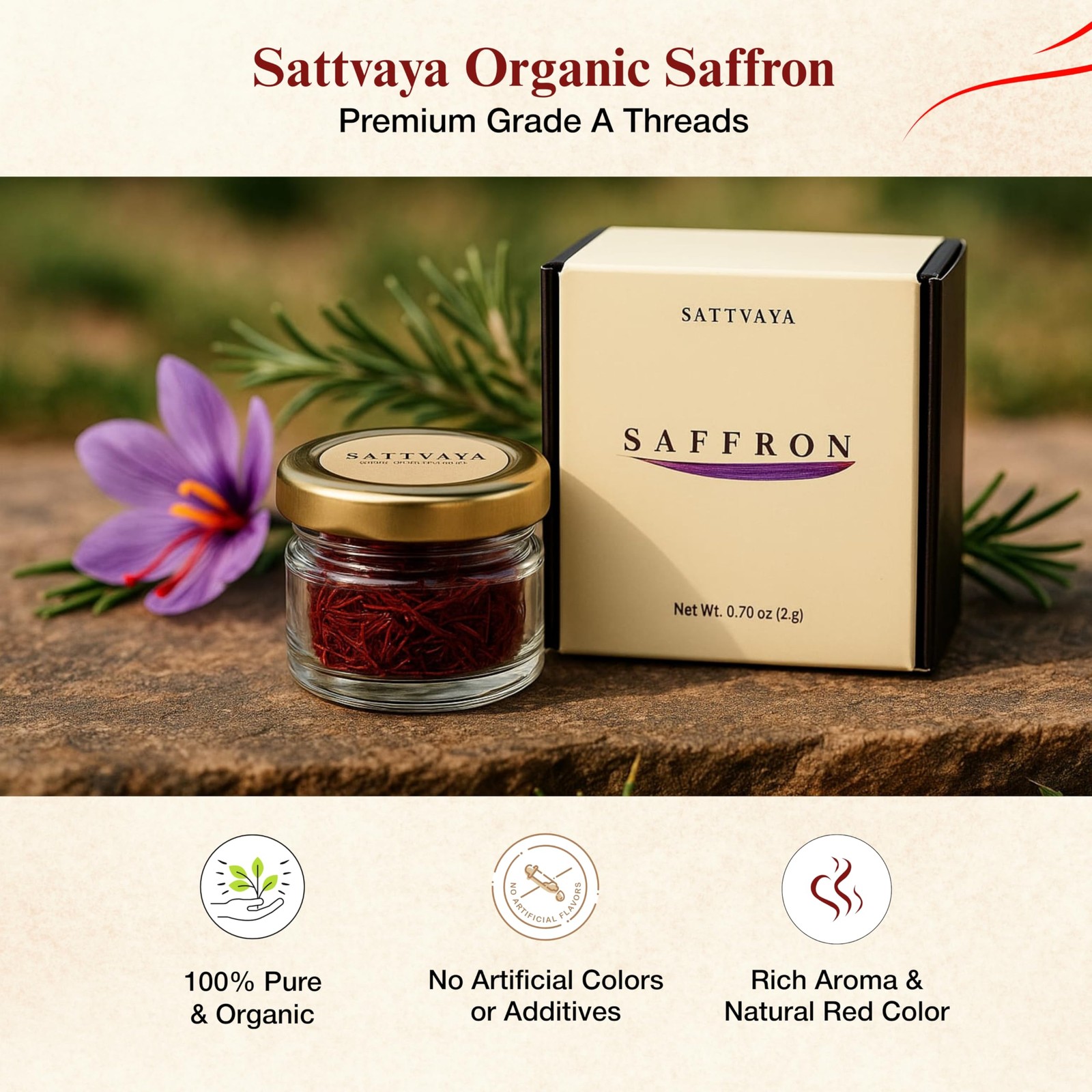 Sattvaya Organic Saffron Threads – 0.07 oz (2gm) – 100% Pure & 0.70