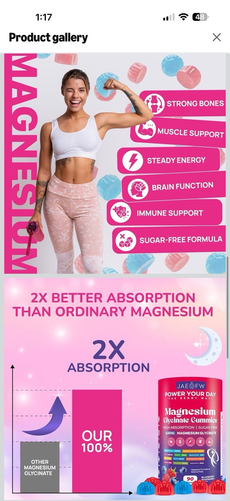 JAEFW Magnesium Glycinate Gummies 600mg Sugar-Free Vegan Blueberry Raspberry 90