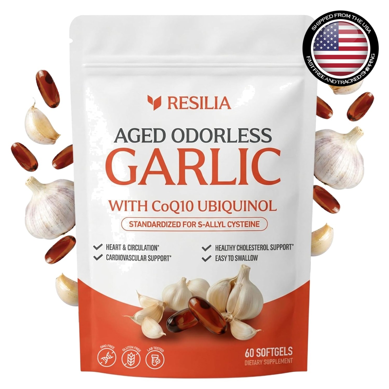 Resilia Garlic Extract 600mg Softgels (60 Count) – Odorless Aged Garlic Extra…