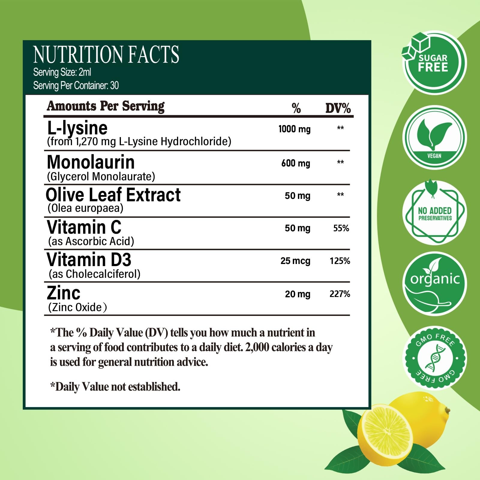 L-Lysine 1000mg Liquid Drops w. Monolaurin Olive Leaf 2 Fl Oz (Pack of 1)