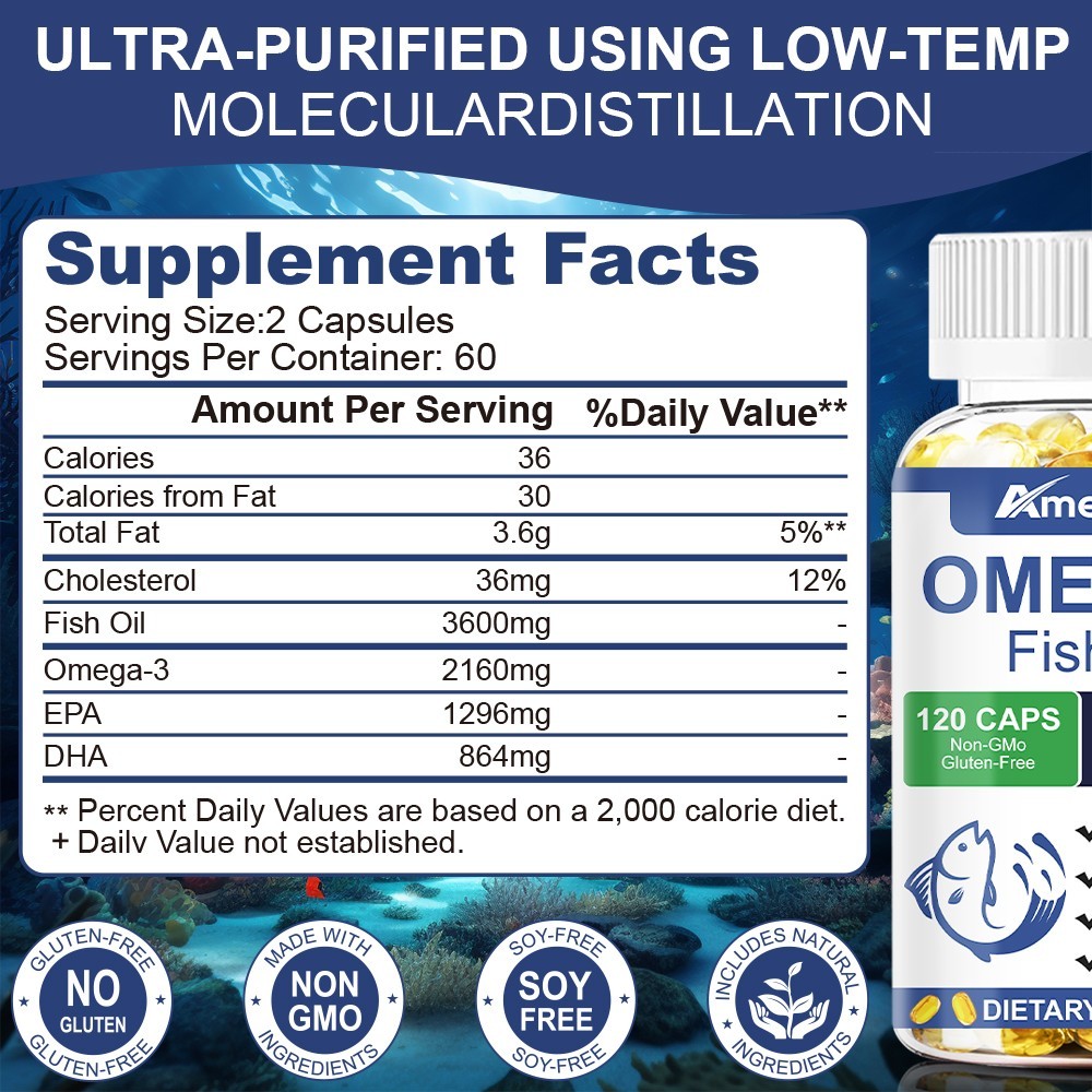 3x Strength EPA & DHA Omega 3 Fish Oil 3600mg, Highest Potency, 120 Softgels