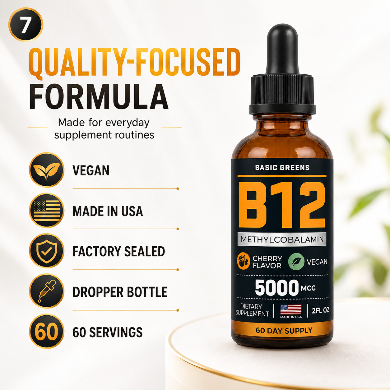BASIC GREENS B12 Liquid Drops 5000mcg Sublingual Methylcobalamin Vegan 2oz
