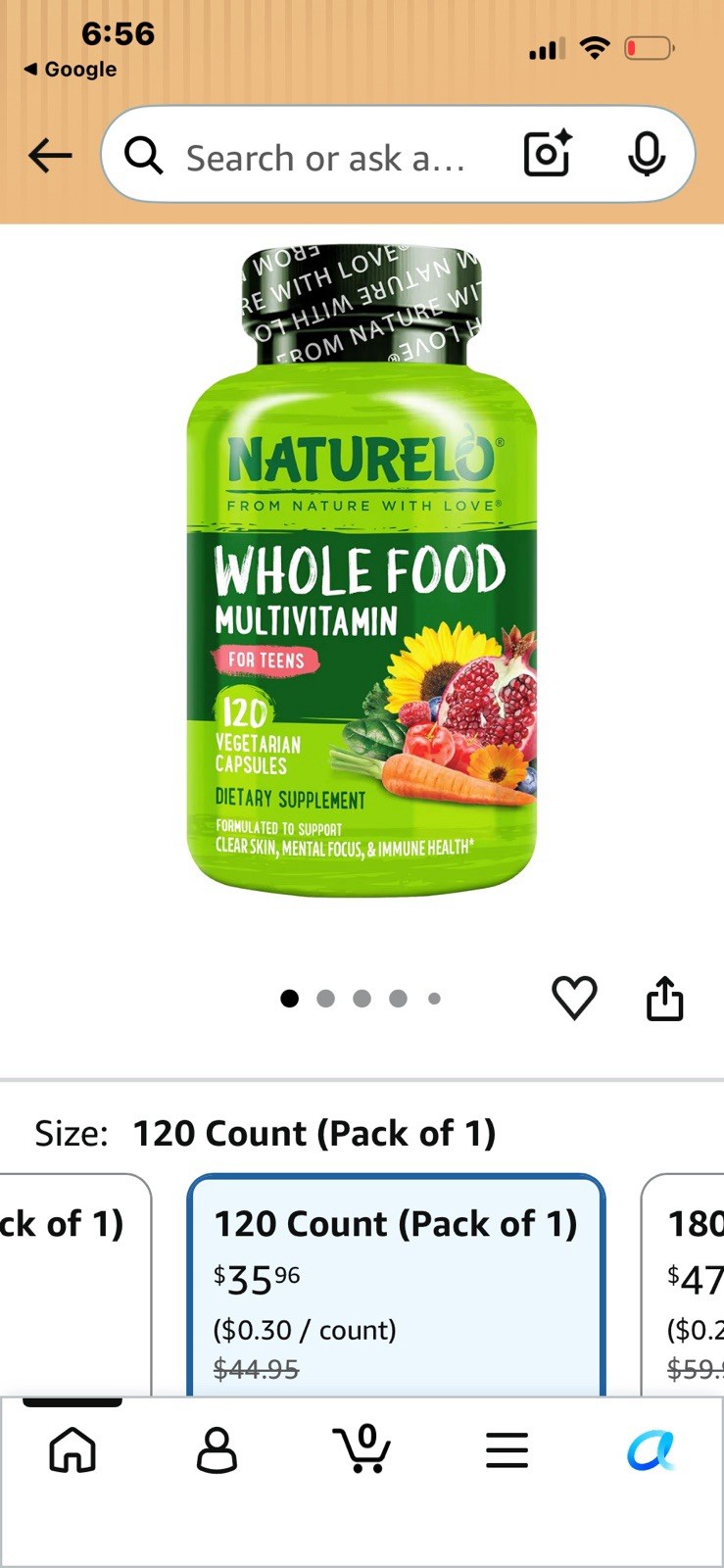 NATURELO Whole Food Multivitamin for Teens Vegan Gluten-Free 120 Capsules