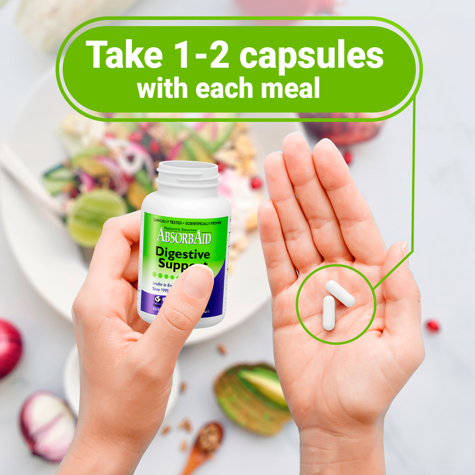 NEW AbsorbAid Natural Digestive Enzymes for gas, bloating & acid reflux 90 count