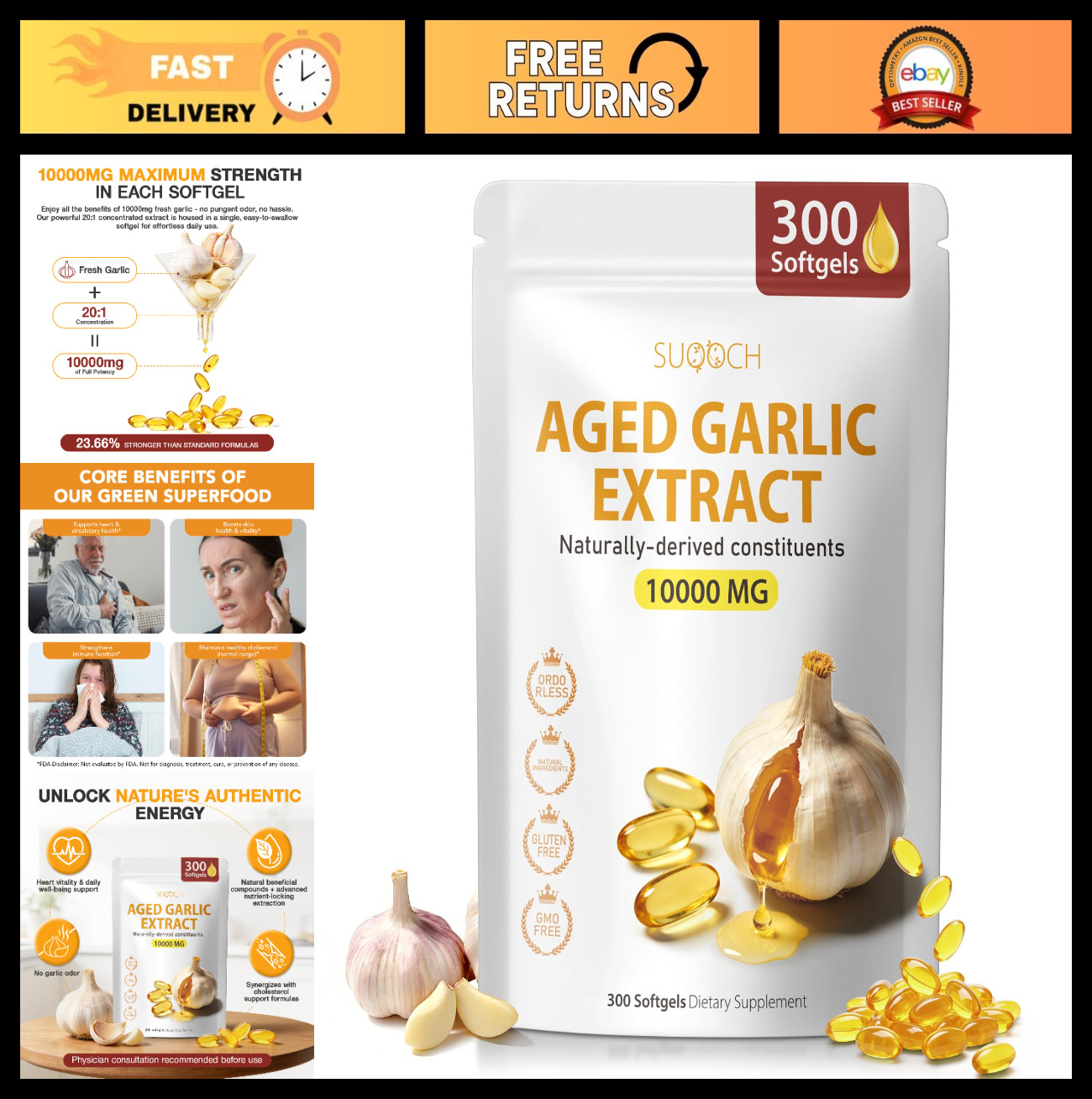 Aged Garlic Extract 300 Softgels – Non-GMO Daily Wellness & Heart Health Supplem