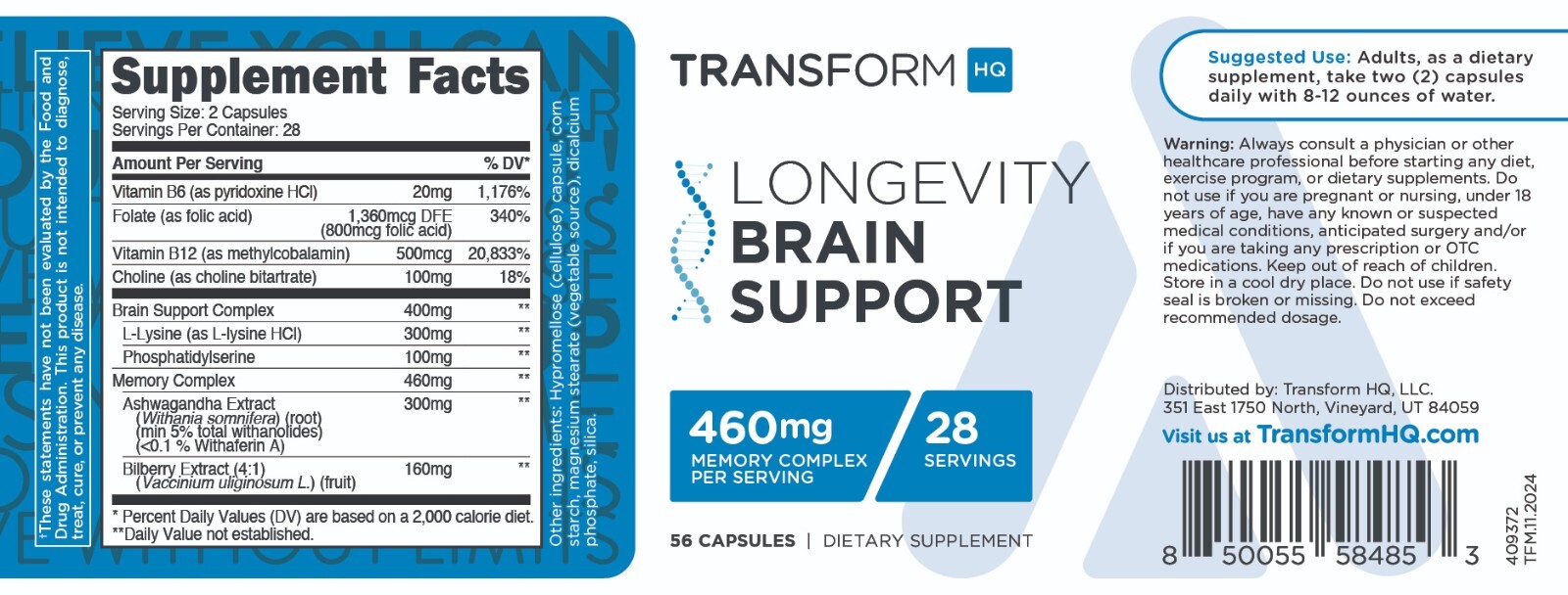 TransformHQ Longevity Brain Support Supplement (28 Servings) – 56 Capsules