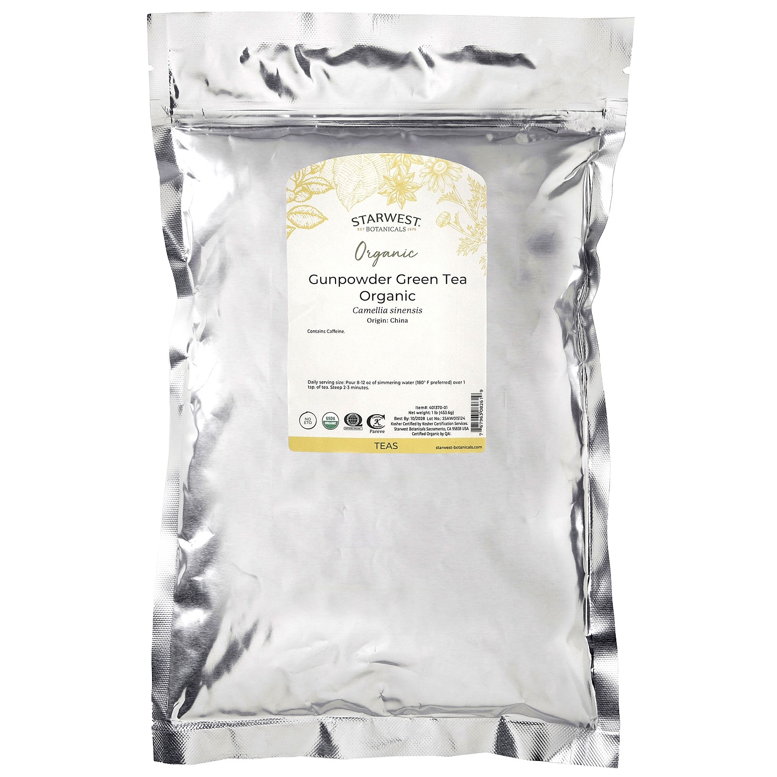 Starwest Botanicals Organic Gunpowder Green Tea 1 lb 453 6 g Kosher, Organic