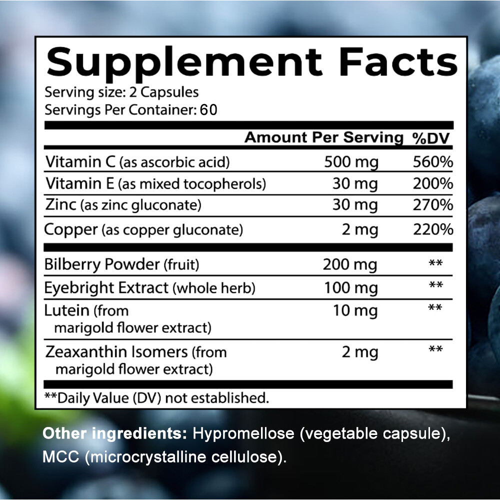 Vision Formula w/Bilberry,Lutein,Zeaxanthin,Supports Eye Strain,Dry Eyes 120Caps
