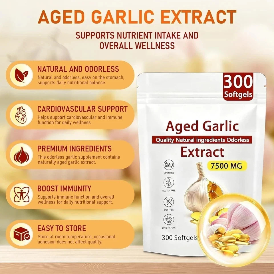 Odorless Garlic 7500mg Per Servings, 300 Softgels | 2 Years Aged Garlic Extra…