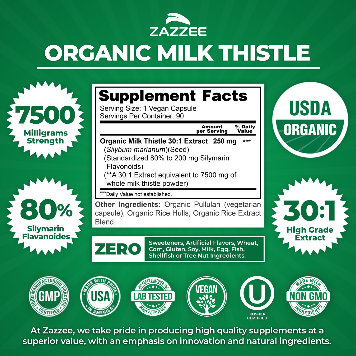 USDA Organic Milk Thistle 30:1 Extract, 7500 mg Strength, 90 Vegan Capsules