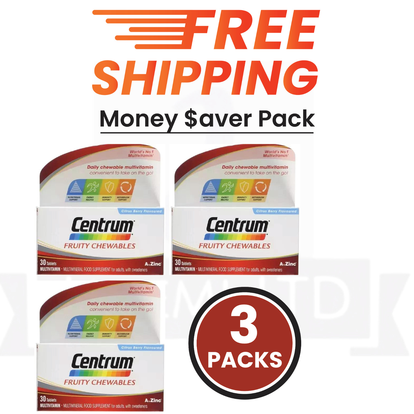 3 x Centrum Fruity Chewables 30ct PACK OF 3