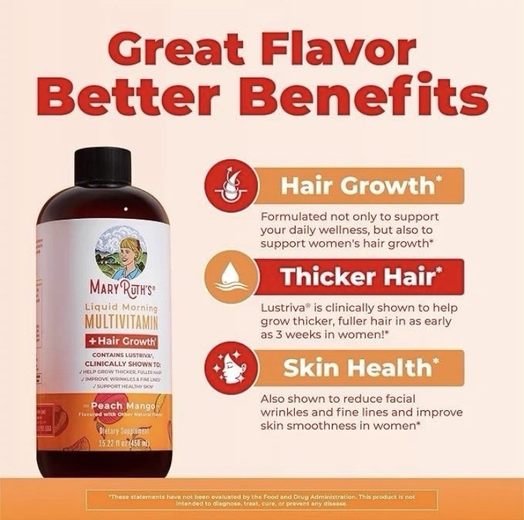 Liquid Morning Multivitamin + Hair Growth, Peach Mango, 15.22 fl oz (450 ml)