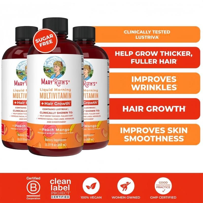 MaryRuth’s Liquid Multivitamin Hair Growth Women Biotin Peach Mango 450ml Fresh