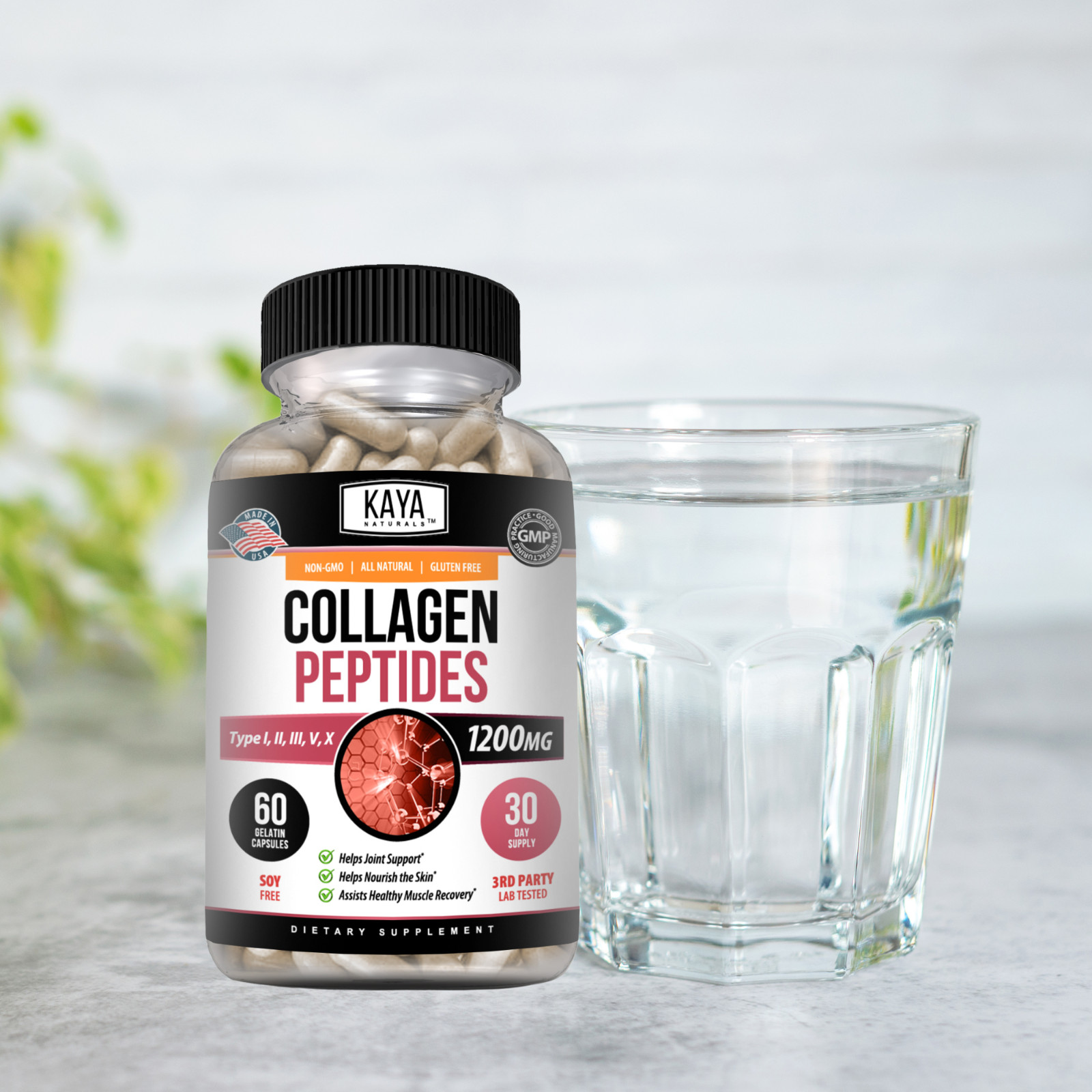 Collagen Peptides Types I, II, III, V, X 1200mg Pills Anti-Aging Skin Capsules